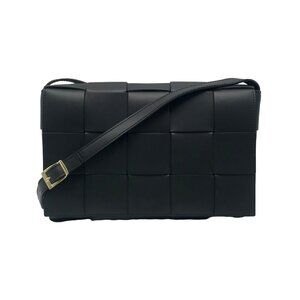 Valentina Fiore Woven Black Leather Messenger Crossbody Bag
